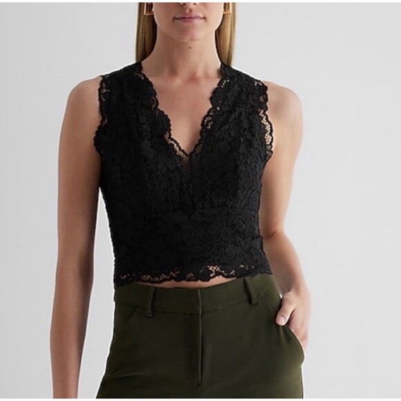 Express Lace Sleeveless V-Neck Smocked Top Black Size Medium Retail $64 - Picture 1 of 10